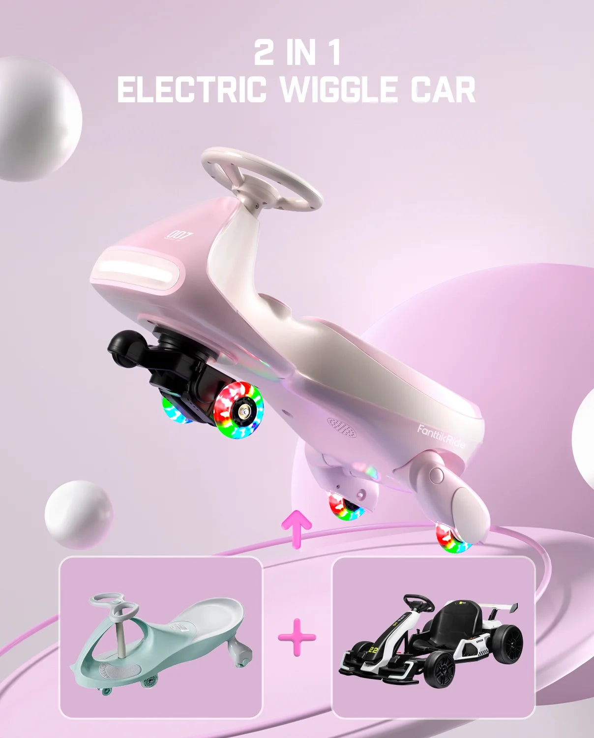 12V N7 Pro Electric Wiggle Car with Pedal, 2-In-1 Kids Ride on Toy, Rechargeable Battery, 2-Speed, Anti-Rollover, Flashing Wheels, Bluetooth Music, for Ages 3+, 150 Lbs, Pinkish White