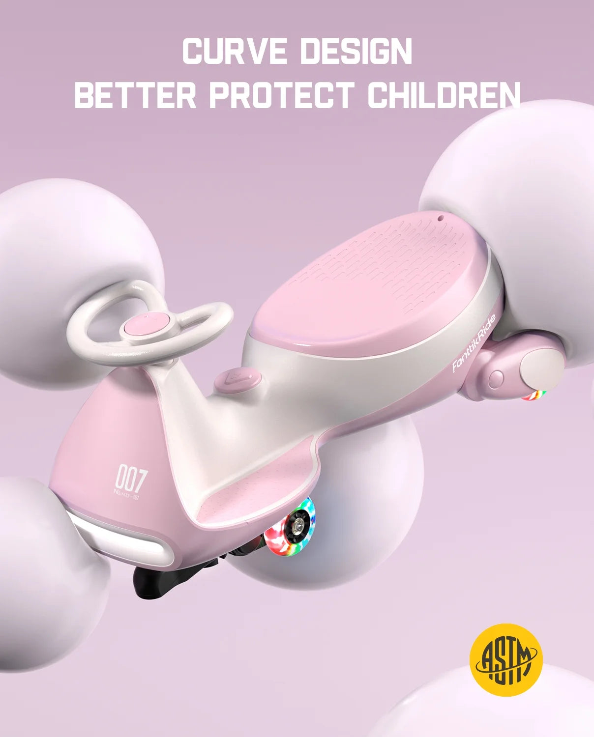 12V N7 Pro Electric Wiggle Car with Pedal, 2-In-1 Kids Ride on Toy, Rechargeable Battery, 2-Speed, Anti-Rollover, Flashing Wheels, Bluetooth Music, for Ages 3+, 150 Lbs, Pinkish White