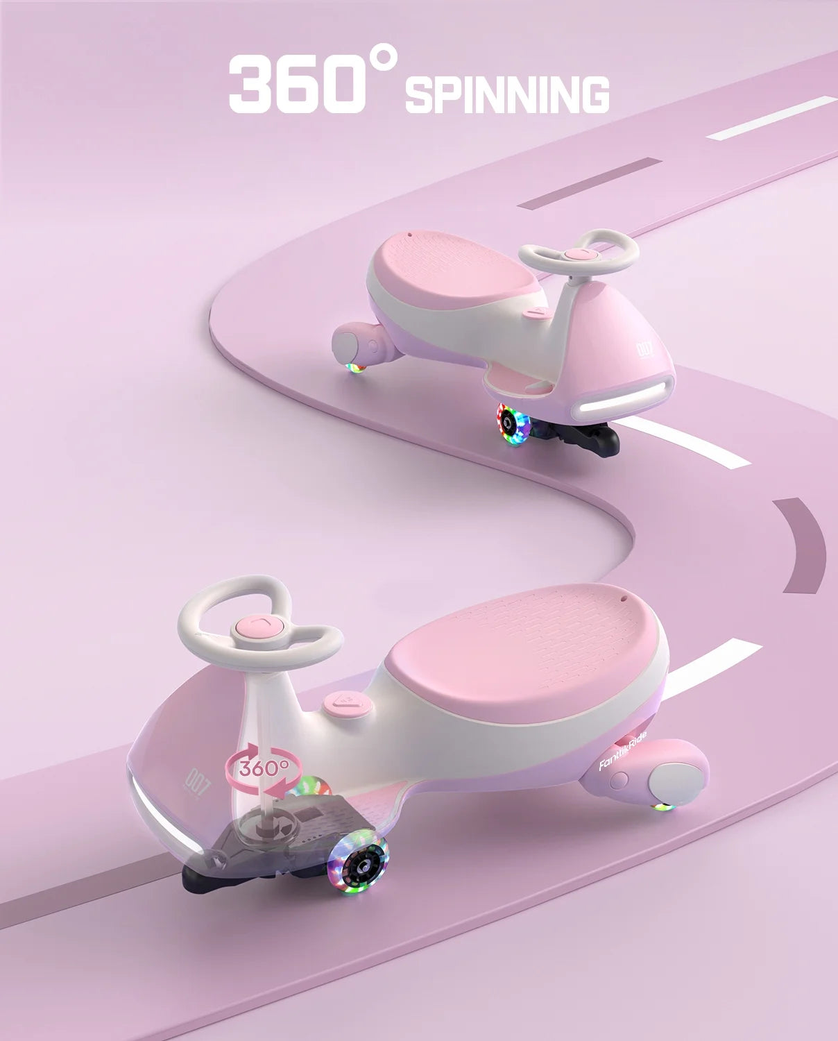 12V N7 Pro Electric Wiggle Car with Pedal, 2-In-1 Kids Ride on Toy, Rechargeable Battery, 2-Speed, Anti-Rollover, Flashing Wheels, Bluetooth Music, for Ages 3+, 150 Lbs, Pinkish White