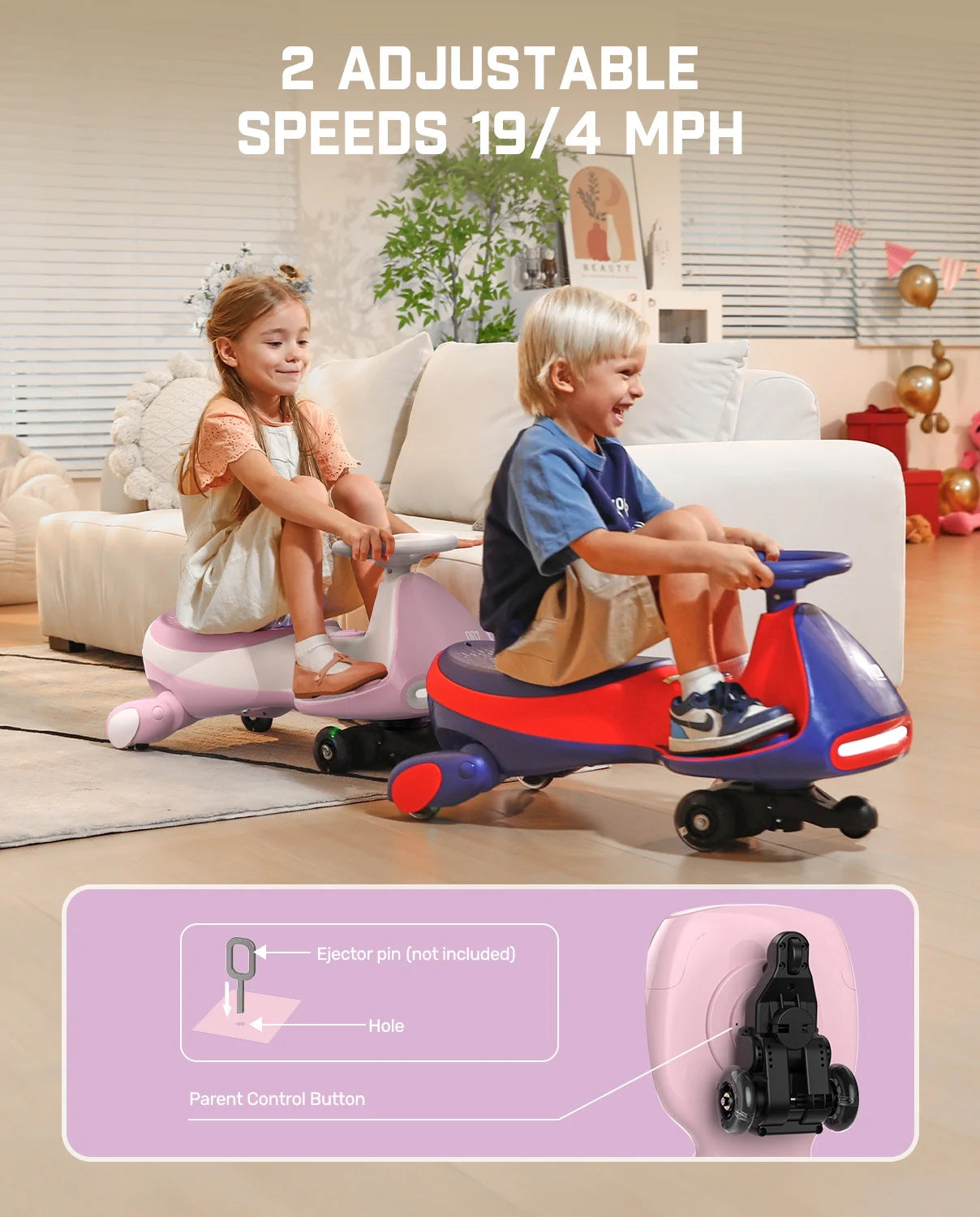 12V N7 Pro Electric Wiggle Car with Pedal, 2-In-1 Kids Ride on Toy, Rechargeable Battery, 2-Speed, Anti-Rollover, Flashing Wheels, Bluetooth Music, for Ages 3+, 150 Lbs, Pinkish White