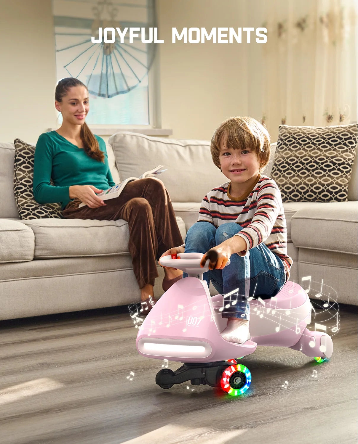 12V N7 Pro Electric Wiggle Car with Pedal, 2-In-1 Kids Ride on Toy, Rechargeable Battery, 2-Speed, Anti-Rollover, Flashing Wheels, Bluetooth Music, for Ages 3+, 150 Lbs, Pinkish White