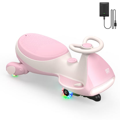 12V N7 Pro Electric Wiggle Car with Pedal, 2-In-1 Kids Ride on Toy, Rechargeable Battery, 2-Speed, Anti-Rollover, Flashing Wheels, Bluetooth Music, for Ages 3+, 150 Lbs, Pinkish White