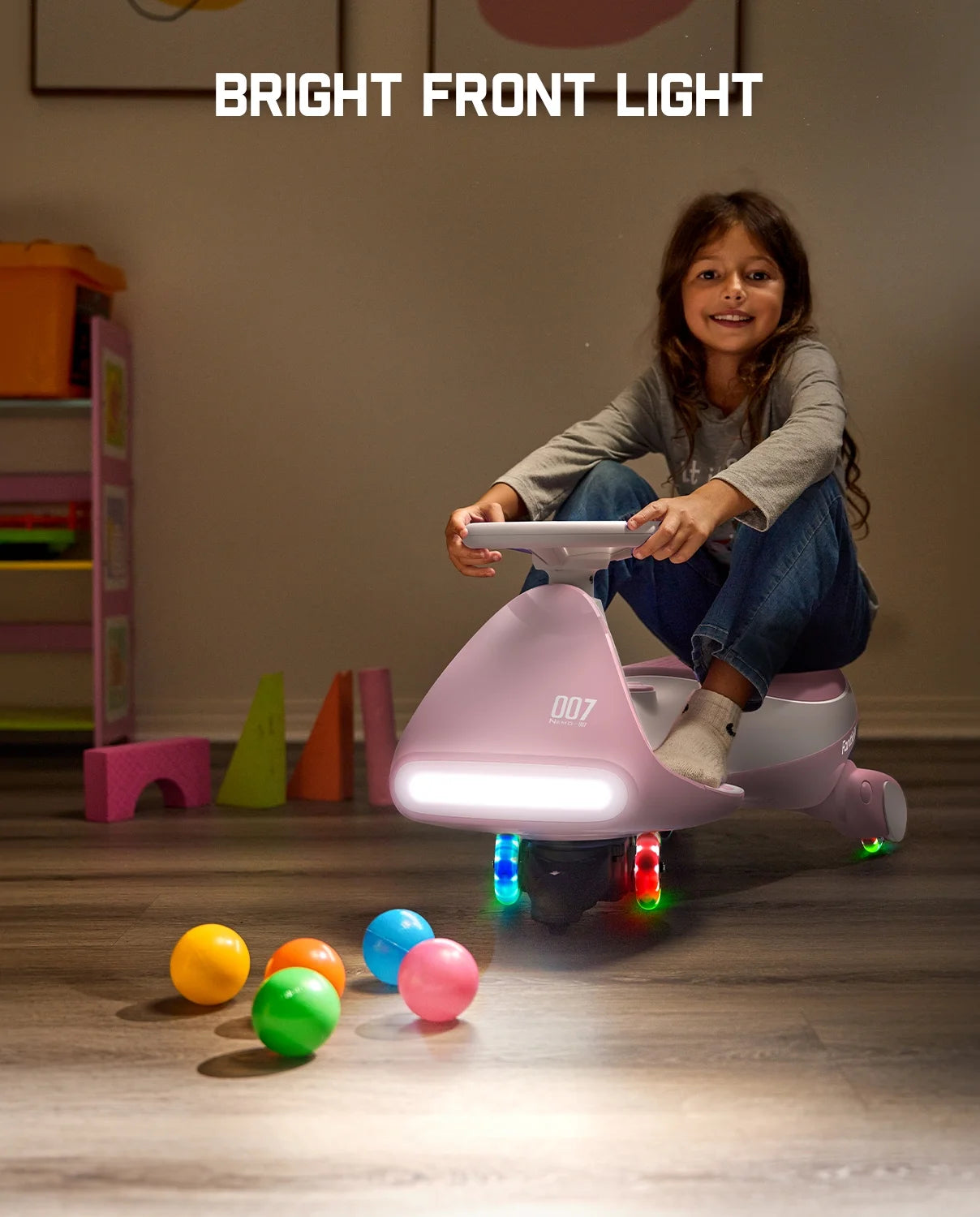 12V N7 Pro Electric Wiggle Car with Pedal, 2-In-1 Kids Ride on Toy, Rechargeable Battery, 2-Speed, Anti-Rollover, Flashing Wheels, Bluetooth Music, for Ages 3+, 150 Lbs, Pinkish White