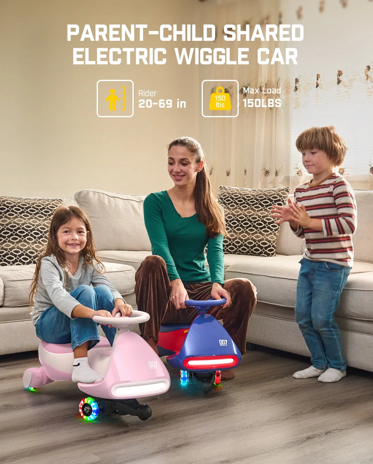 12V N7 Pro Electric Wiggle Car with Pedal, 2-In-1 Kids Ride on Toy, Rechargeable Battery, 2-Speed, Anti-Rollover, Flashing Wheels, Bluetooth Music, for Ages 3+, 150 Lbs, Pinkish White